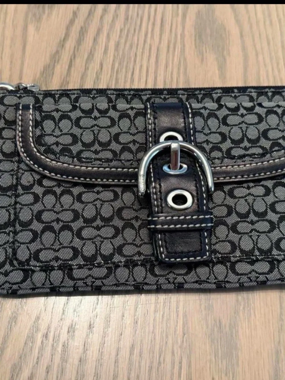Coach Signature Canvas Wristlet Wallet Black Gray Zip